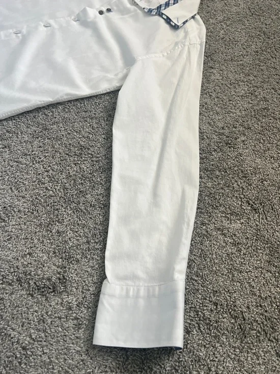 Bogosse White Men's Button-Down Shirt with Blue Plaid Trim Flip Cuffs Size 4 (L) - Picture 4 of 15